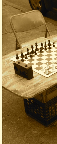 Chess board, set up for a game in progress